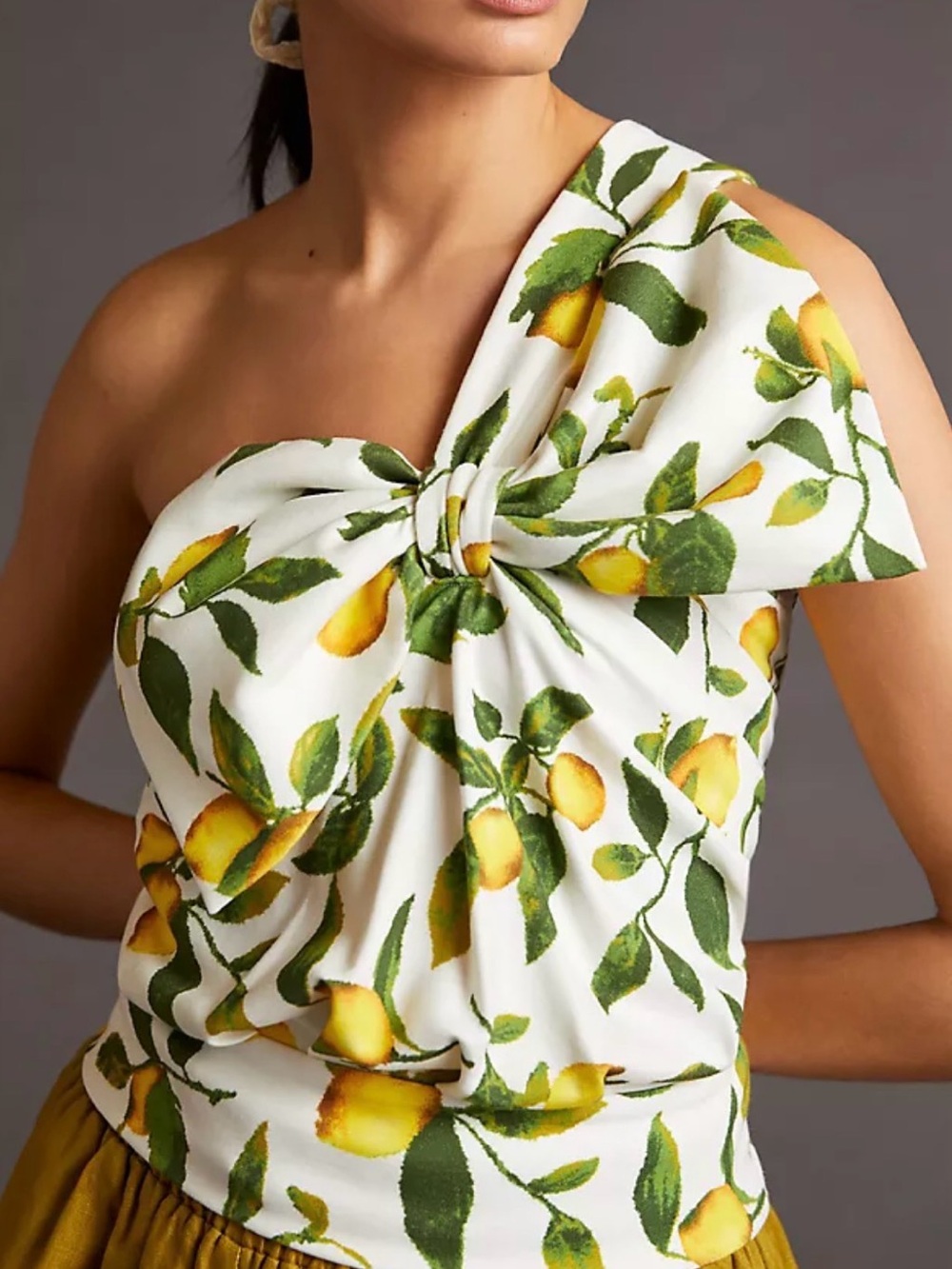 Anthropologie One-Shoulder Lemon Print Dress Top - White & Yellow